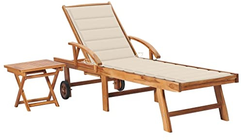 SKTQYQO Lettino Prendisole in Massello di Teak con Tavolino Laterale e Cuscino Crema, Schienale e Poggiapiedi Regolabili, Struttura Durevole e Resistente alle Intemperie per Giardino