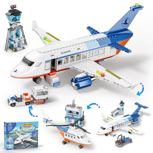 GuKKK City Avión de Pasajeros, 3 en 1 Juguete de Construcción de Avión Grande con Terminal Aeropuerto, Remolque Equipaje, Set Construcción Regalo para Niños de 6+ Años,Regalo Cumpleaños (B)