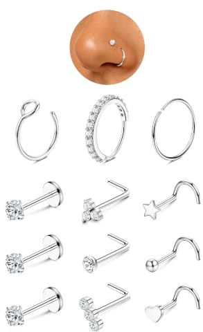 YADOCA 12 stycken näspiercing plugg kirurgiskt stål nostril piercing | Näspiercing, näsring guld, guld silver allergivänliga nässtavar set nostril smycken kvinnor 16/20 g