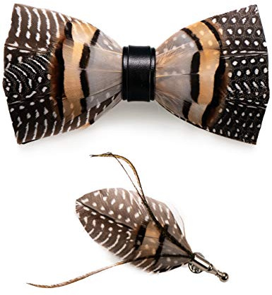 RBOCOTT Leather Feather Handmade Pre-tied Bow tie and Brooch Sets for Men(2)