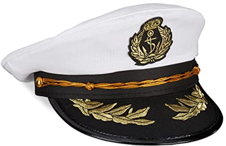 Relaxdays Kaptensmössa, kvinnor och män, en storlek, huvudbonad karneval och karneval, officiell mössa, vit/svart