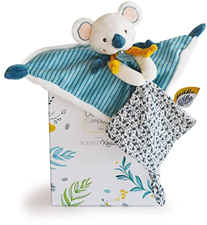 DOUDOU ET COMPAGNIE - Doudou Plat Peluche Douceur - 25 cm - Collection Yoca Le Koala - Blanc Bleu - Boîte Cadeau - Idée Cadeau Naissance Filles et Garçons - Éveil et Stimulation des Sens - DC3668