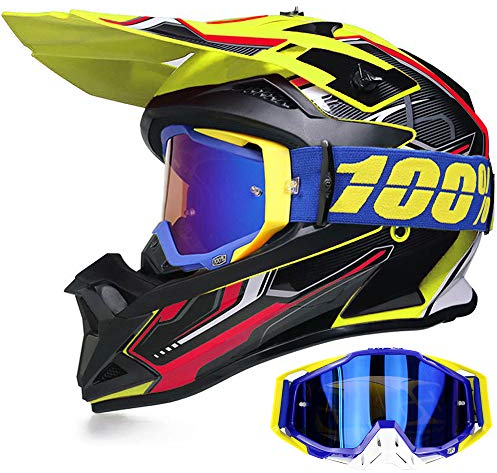 YASE Motorradhelm Crosshelm mit Brille, Motocross Helm/Enduro Downhill Helm, Offroad Motorradbrille Herren/Damen Full Face MTB Helm für Moped/ATV/Mountain Bike (Schwarz/Gelb/Rot,XL (58-59CM))