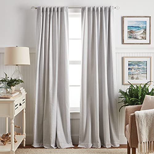 Martha Stewart Ticking Stripe Blackout Lining Rod Pocket/Back Tab Window Curtain Panel Pair, 84, White/Grey