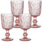 Tebery 4 Pack 300ml Pink Glass Wine Goblet Vintage, 10oz Colored Beverage Stemmed Glass Cups, Embossed Design Glassware Set for Water, Juice, Wine,Beer and Cocktails