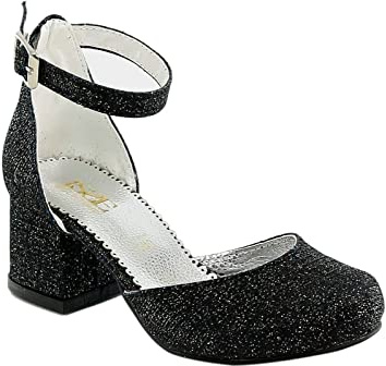 SIRRI Fleur Filles Communion Bas Bloc Robe Noir Chaussures Gros Talons fermé Bout Rond Bride à la Cheville Pompe Anno 36