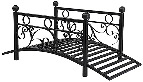 Kcelarec Outdoor Metal Arch Garden Bridge with Safety Siderails, Decorative Footbridge, Delicate Scrollwork & Corner Spheres for Stream
