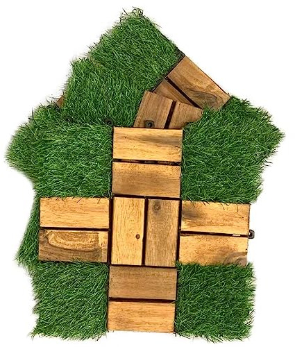 Wellco Artificial Grass with Acacia Wood Deck Tiles 10PCS 12''x12'' Interlocking Deck Tiles,Patio Deck Tiles, Wood Deck Tiles for Indoor &Outdoor