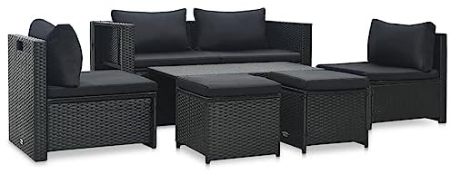 WIFESE Conjunto de Muebles de Jardín 6 Piezas y Cojines Ratán Sintético Negro Ligero y Modulares Conjunto de Salón de Patio Zona de Descanso Estilosa Fácil de Limpiar con Sofá 138x73x62 cm