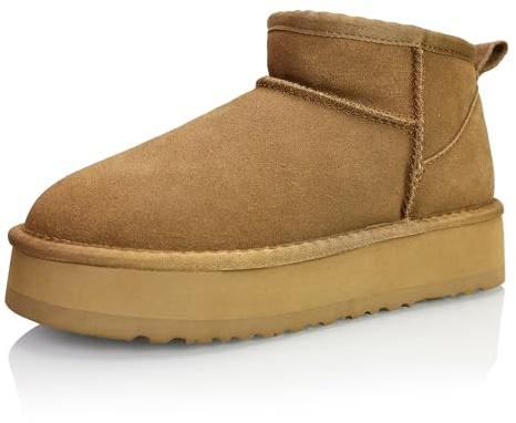 Procity Damen Echt Leder Classic Mini Platform Boots Stiefeletten Warm Gefüttert Plateau Boots mit der Profilsohle Camel 39