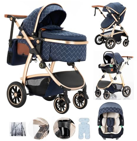 Lnhcrbs Set de Cochecito De Bebé 3 en 1, Cochecito Bebe de Altura Ajustable Con Asiento de Coche, Cochecito Bebe 3 Piezas de Bebé para Bebés de 0-4 Años con Mosquitera Bolsa para Mamá Porta Biberón