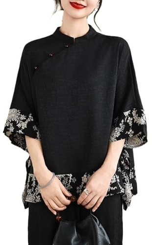 xinrishe Top Patchwork Con Stampa Floreale In Stile Cinese Da Donna, Camicia Con Colletto Rialzato Maniche A 3/4 E Orlo Fluido, Camicetta In Stile Etnico Retrò(B)