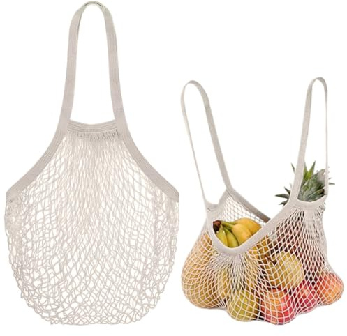 ZILZUFA 2 Bolsas de la Compra de Red Reutilizables, Bolsas de la Compra de Cuerda de algodón orgánico, Bolsas de Malla de la Compra con Mango Largo para Guardar Frutas y Verduras, Beige