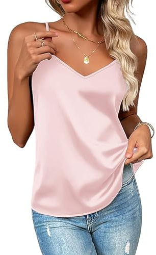 Zeagoo satintopp för kvinnor, spaghettitoppar, V-ringad, linne, silk cami ärmlös sommar t-shirt, justerbara remmar, toppar, basic, ROSA, L