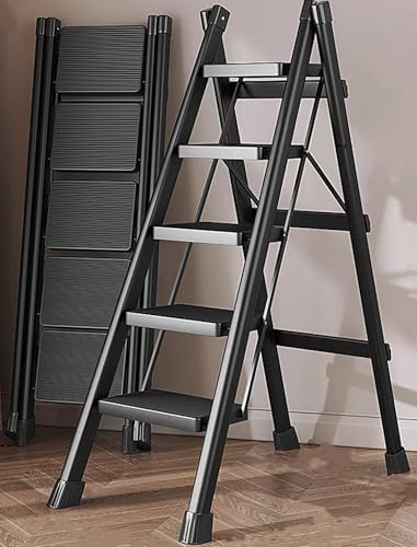 Runruii Step Ladder 5 Step Folding Portable Step Ladder with Anti-Slip Wide Pedal Aluminum Stepladder Lightweight Step Stool for Office Household Library 300lbs - Black