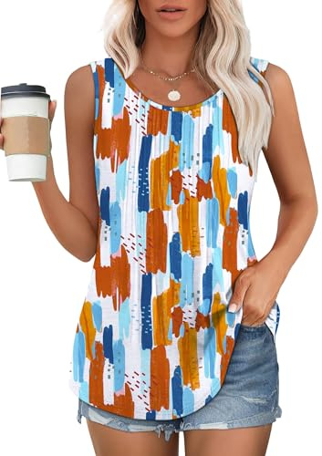 Chicrise Débardeur Femme D'été Col Rond Haut Plissé sans Manche Camisole Long Décontracté