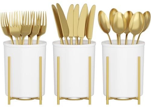 Lifewit Lot de 3 porte-ustensiles de cuisine avec support en métal doré, porte-couverts pour plan de travail de cuisine, panier à couverts en plastique pour fourchettes, cuillères, couteaux,