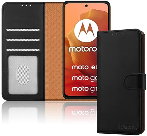 iCatchy Case for Motorola Moto G17 / G15 / G05 / E15 Case Leather Wallet Book Stand View Magnetic Protect RFID Blocking Phone Cover (Black)