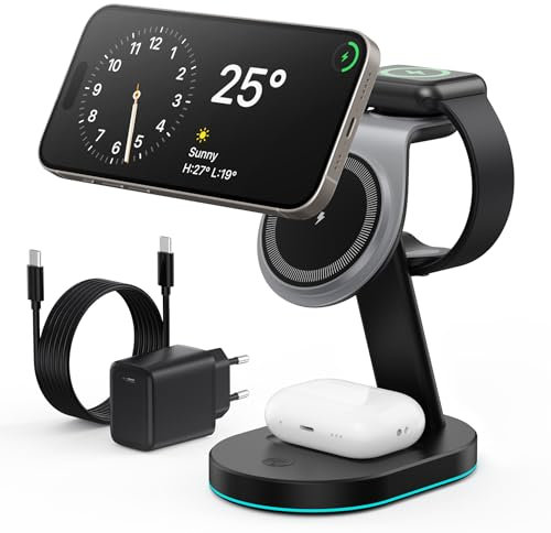 3 en 1 Estacion de Carga Inalámbrica, Certificación Qi2 15W mag-Safe Cargador Inalambrico Rápida con 30W Adaptador USB C&Luz Soporte de Carga de Viaje para iPhone 16/15/14/13, Apple Watch AirPods etc