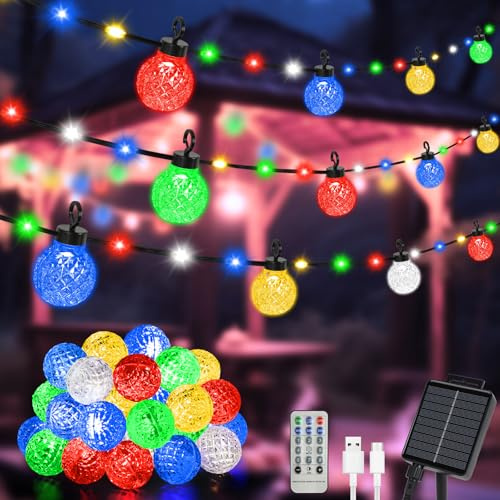 AUAUY Guirnaldas Luces Exterior Solar, 12m 100LED 8 Modos Guirnalda Luces con Control Remoto, Recarga Solar/USB IP65 Impermeable Farolillos Exterior y Interior para Patio, JardíN, Fiesta (Coloridas)