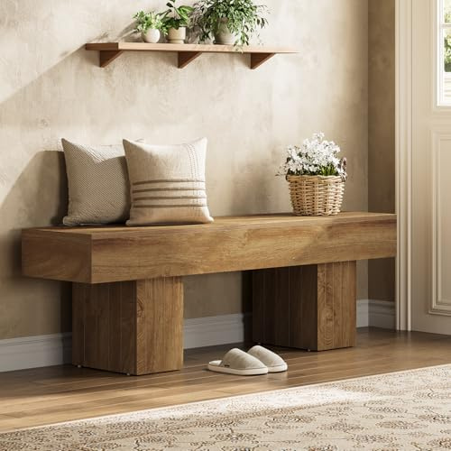 Tribesigns 55 Dining Bench, Farmhouse Wooden Entryway Bench, End of Bed Bench, Indoor Bench for Bedroom, Dining Room, Kitchen, Hallway, Light Brown