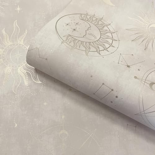 Cream Gold Space Wallpaper Metallic Moon Sun Feature Wall Lounge Bedroom Study