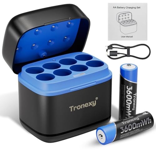 Tronexy Smart USB-C Battery Charger 8 Slots with 8 Rechargeable AA1000 Li-ion 3600 mWh Batteries 1.5V — Fast Charging, High Capacity & Safe Protection for Flashlights, Cameras and Electronic Devices