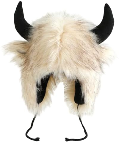 CAKEEYUM Büffelhut mit Hörnern, pelziger Bisonhut, Winter, lustiges Büffelkostüm für Halloween, Weihnachten, Karneval, Cosplay, Beige, Wasser, Pelz, Flauschig, Flauschig, Tierhüte für Erwachsene