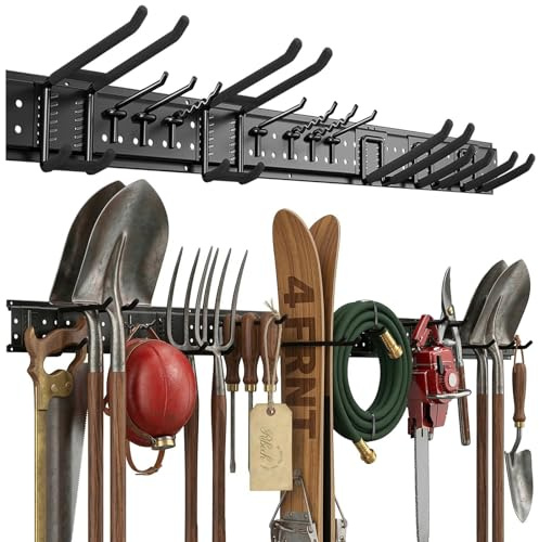 Ribech Ripiano Murale Portautensili da Garage – Guida di 122 cm con 12 Ganci (5 Tipi), Ganci Rivestiti in Gomma, Capacità 250 kg, per Attrezzi da Giardino, Sci, Scope, Pale – Montaggio a Parete