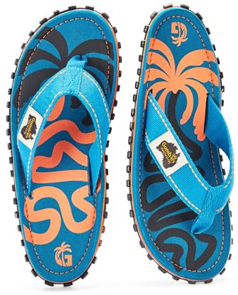 Gumbies Tongs Islander | Tongs classiques unisexes en toile avec semelle extérieure en caoutchouc recyclé et semelle intérieure en coton | profilées, légères et confortables au quotidien, Palmier bleu