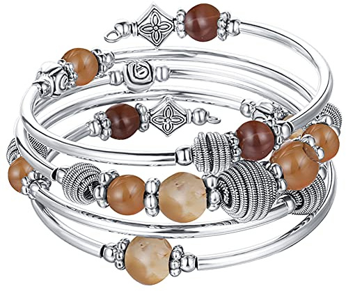 BULINLIN Turquoise Beaded Chakra Bangle Bracelet, Silver Layered Jewellery Wrap Bracelet with Natural Stone Birthday Gift for Women（Brown）