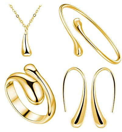 TOFBS 4 Stück Wassertropfen Schmuckset für Damen Mädchen Silber Gold Träne Anhänger Halskette Ohrringe Armband und Ringe Schmuck Set (Gold)