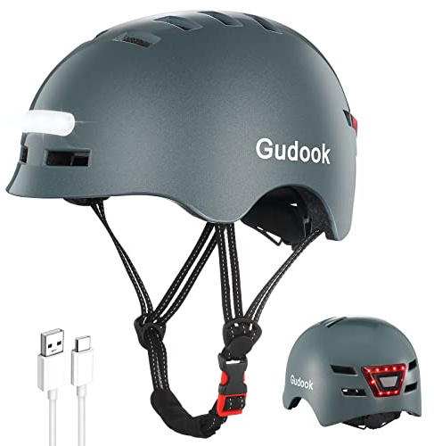 Gudook Adult Bike Helmet with Light - Bicycle Helmets Men - Women - Front and Back LED Lights Adjustable Cycling Helmet for Urban Commuter Biking Scooter