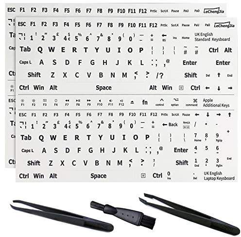 2 Kit Adesivi Tastiera,English Keyboard Stickers, Adatto A Tutte Le Tastiere Per Computer,Tastiere Per Computer Portatili Con Pinzette E Pennello Per La Pulizia(UK Layout,Bianco,Lucido)
