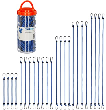 Relaxdays Spanngummi mit Haken, 24er Set, Fahrrad Gummispanner Gepäckträger, 5 Größen, Universal Gepäckspanner, blau