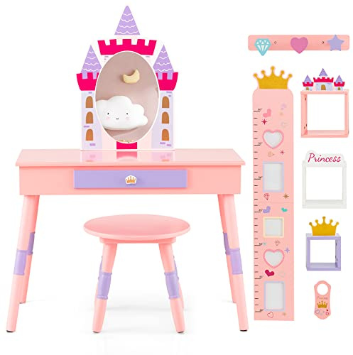 COSTWAY Kids Vanity Table and Stool Set, 2 in 1 Dressing Tables with Detachable Mirror and Drawer, Wooden Pretend Dresser Desk for Children