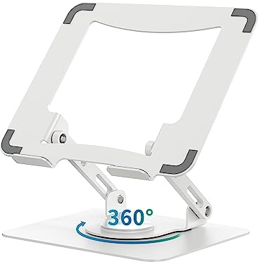 SOUNDANCE Laptop Stand with 360° Rotating Base, Ergonomic Computer Riser for Desk, Adjutable Height Muti-Angle, Foldable Laptop Mount, Stable Metal Holder Support 10-15.6 Notebook PC, White