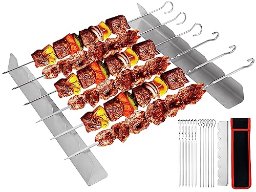AWCIGG® Set de Brochetas de Barbacoa de Acero Inoxidable, Accesorios para Barbacoa con 12 Pinchos y 2 Soportes, Accesorios Universales para Barbacoa de Gas y Carbón