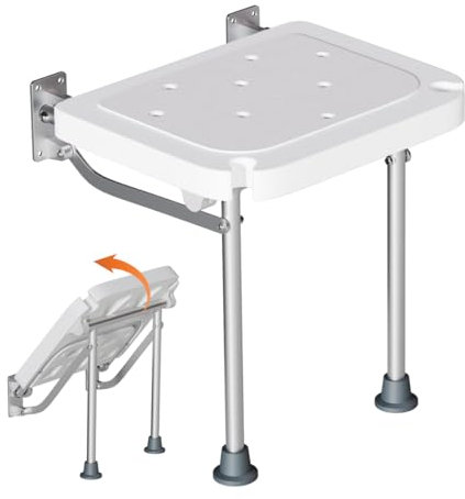 Vislone Panca da doccia pieghevole a parete, sedile da bagno ribaltabile, sgabello da bagno con piedini antiscivolo, fori di drenaggio, fessura per soffione doccia, per anziani, disabili