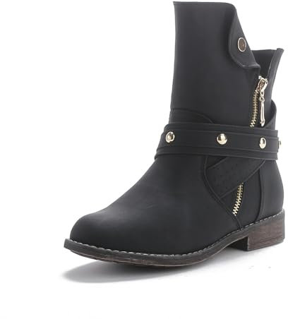 Queentina Damen Stiefeletten warm gefüttert Nieten Boots Biker Stiefel BH201 Schwarz 36