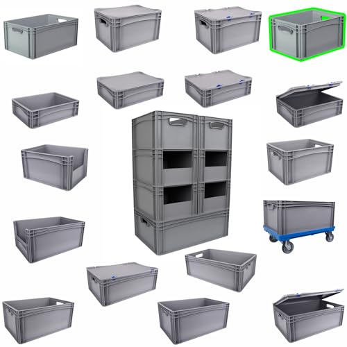 Hesselink Eurobox 40x30x22 cm, Handgriffe offen, stapelbar, 20,8 Liter, grau, lebensmittelecht, Eurobehälter kombinierbar mit Deckel