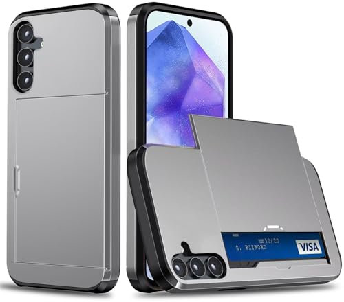 Beajew Coque Portefeuille pour Samsung Galaxy A55 avec Porte-Cartes, Étui de Protection Téléphone Double Couche Antichoc, Fente Cachée Coulissante, Antichoc TPU+PC Housse Portefeuille - Gris