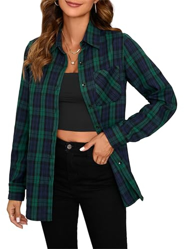 Stamain Camisa a cuadros de manga larga para mujer, camisa de franela, blusa a cuadros, camisa informal, corte regular, Azul Verde -1, 4XL