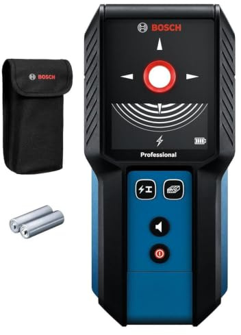BOSCH GMS120-27 Scanner Mural et détecteur de Goujons, détecte Le Bois, Le métal et Les Fils sous Tension derrière Votre Mur – Comprend 2 Piles AA et Une Pochette