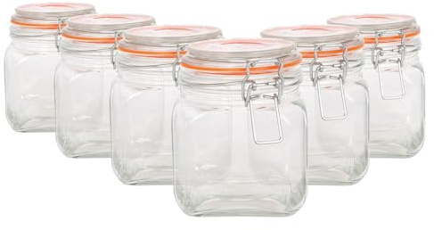 Argon Tableware 760ml Square Glass Jars with Clip-top Lids - 6pc Airtight Kitchen Mason Jar Food Storage Preserving Container for Pickling, Chutney, Jam, Coffee, Oats