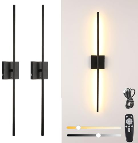USB Uppladdningsbar Vägglampa Med Fjärrkontroll, 8000mAh Batteri, 3 Färgtemperatur, Inomhus LED Dimbar Trådlös Vägg Lampa, 360° Roterbar Touch Sänglampa, Timer, 2-Pack,Svart,80CM
