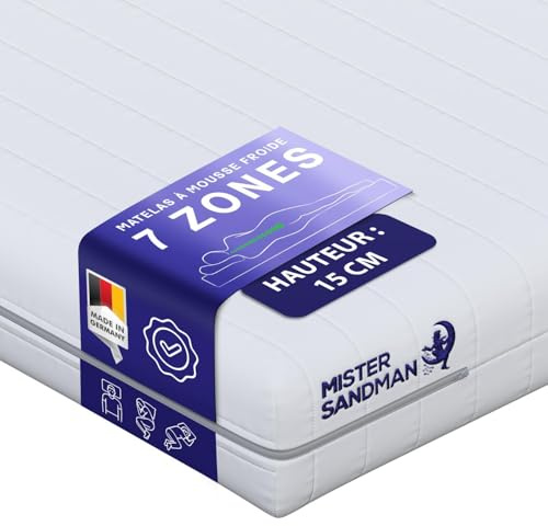 Mister Sandman Matelas 140x190, Épaisseur 15 cm, Mousse Froide Ergonomique 7 Zones de Confort, Soutien Équilibré Ferme, Réversible à Deux Faces, Certifié Oeko-TEX, Fabriqué en Allemagne