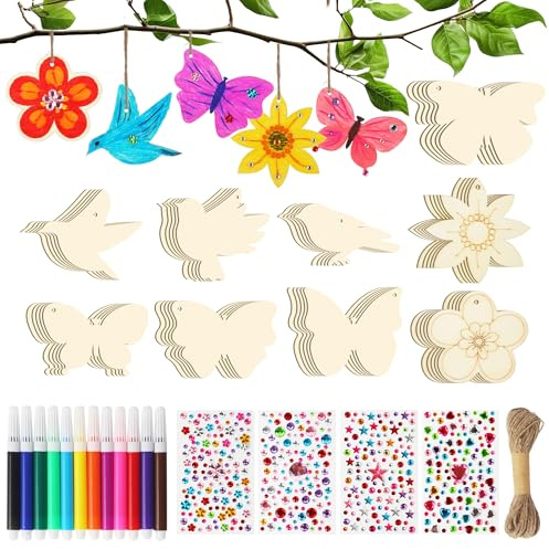 ACOMTUO 62 Piezas Juegos De Manualidades De Madera, Madera Manualidades Niños con Pájaros, Mariposas etc, con Pegatinas y Pinceles Juego Wood Colorear Artesanías Infantil