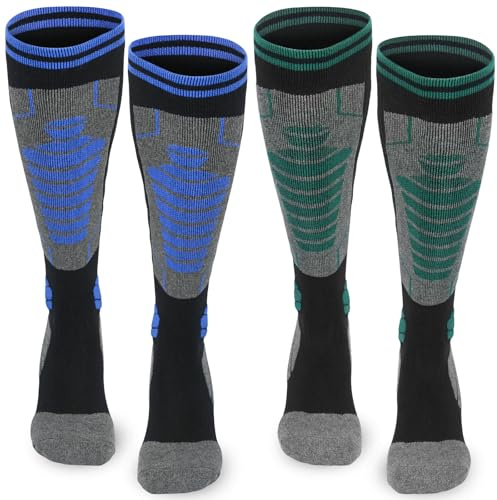 ouhos 2 pares de calcetines cálidos de esquí para hombre y mujer, calcetines térmicos de invierno para snowboard 43-46 (FR/ES, Números, 43, 46, Regular, Regular, Negro Azul + Negro Verde)