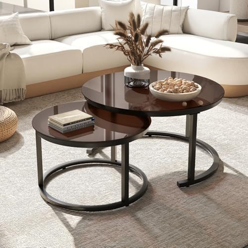 Hawthyhome Round Nesting Glass Coffee Table Set of 2, Side Table for Living Room, Multi-functional Side Table with Metal Frame, /Living Room/Bedroom Brown Glass